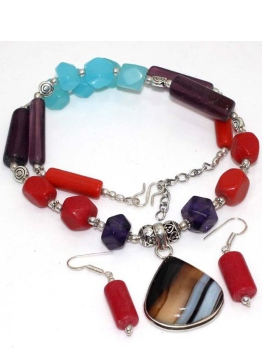 Botswana Agate Amethyst Beaded Necklace (18") and Earrings (1.7") Set
